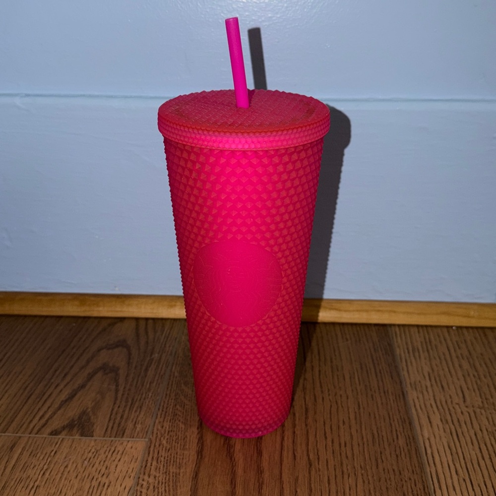 NWT Starbucks Hot Pink Soft Touch Studded Tumbler with Straw 24 oz